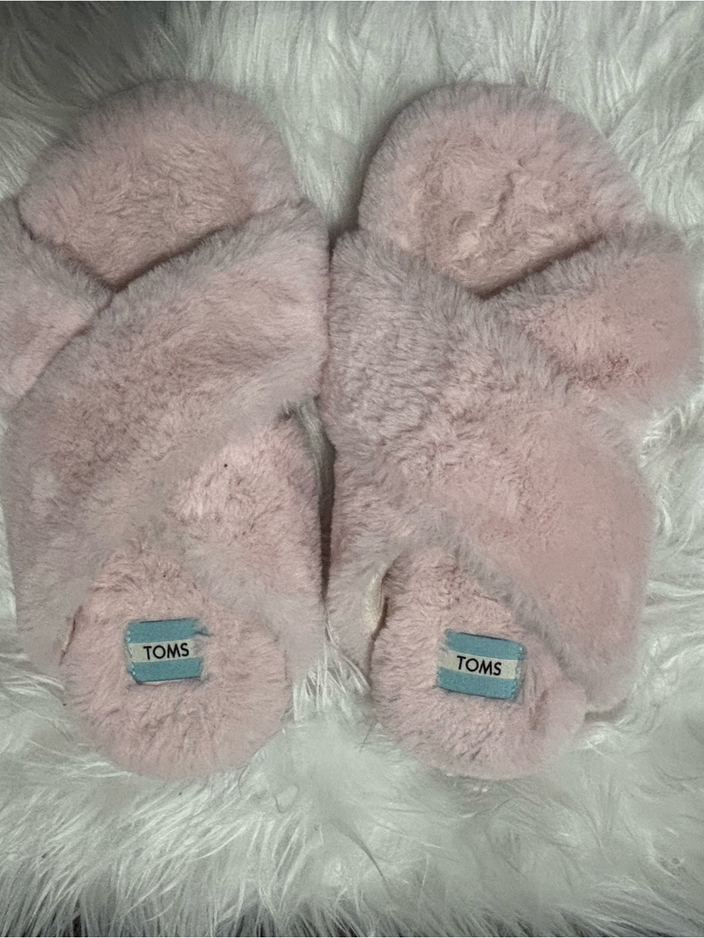TOMS Blush Pink Fuzzy Crisscross Slide Slippers